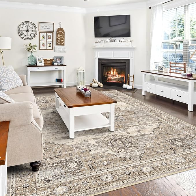 RUUGME Washable 8x10 Area Rugs - Large Rugs for Living Room Stain Resistant Carpet Vintage Rugs for Bedroom with Non Slip Backing Home Decor Floor Decoration Mat (8x10 Beige)