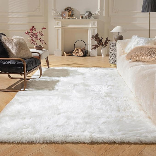Ashler faux fur rug, Fluffy Shaggy Area Rug Ultra Soft 4 x 4 Feet Square Fur Rug White Fuzzy Rug Machine Washable Shag Rug, Nursery Decor Throw Rugs for Bedroom, kids room, Living Room