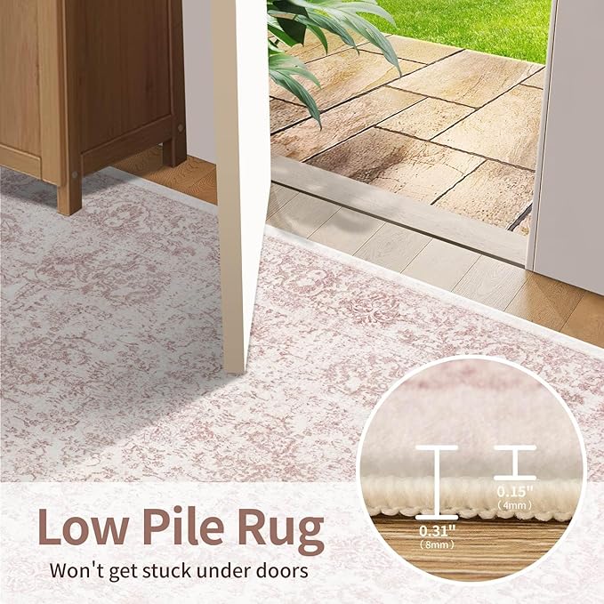4x6 Washable Area Rug for Living Room & Bedroom, Light Pink Rugs for Women, Non Slip, Durable Low Pile Carpet, Vintage Carpets for Office, Dining Room, Kids Room and Farmhouse