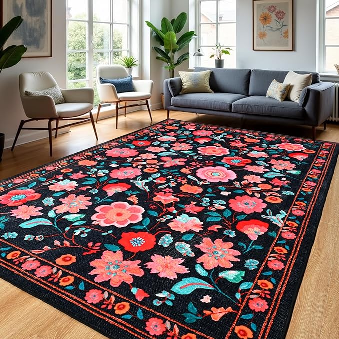 Area Rugs for Living Room6x8 Non-Slip Carpet Washable Boho Rug Vintage Low Pile Carpet Print Home Rugs for Bedroom Kids Room Playroom Dining Room Home Office Farmhouse,Dark Black