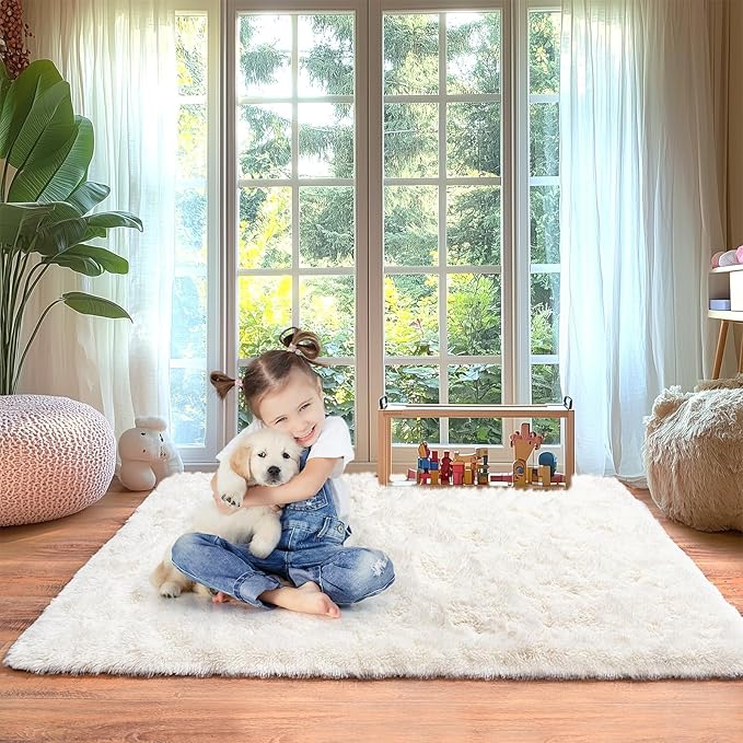 White Fluffy Rug for Bedroom 8x10 ft Large - Ultra Soft & Non Slip Shaggy Area Rug, Comfy Durable Carpet for Living Room Kids Room Teens Dorm Home Decor, 1.7'' Thick Indoor Plush Carpets