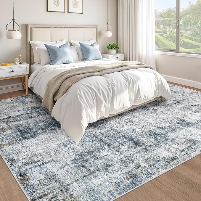 Washable Area Rug 9x12 Living Room Rugs: Abstract Large Rug Neutral Modern Carpet with Non Slip Backing for Bedroom Dining Room Office (Multi Blue, 9'x12')