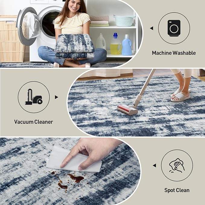2'6''x8' Runner Rugs Washable Rug: Modern Abstract Living Room Rug Soft Anti-Skid Thin Carpet Indoor Floor Non-Shedding Carpets for Bedroom Dining Room Farmhouse Nursery Home Office Blue Grey