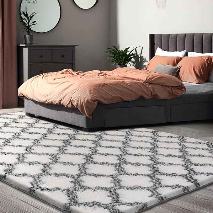 4x5.8 Plush Area Rug, High Pile Rugs for Living Room, Ultra Soft Indoor Carpet for Bedroom, Kids Room, Playroom, Home Decor, Geometric, White/Black
