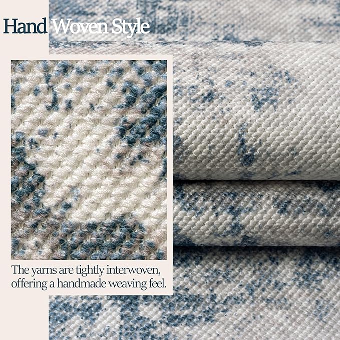 3x5 Abstract Washable Area Rug, Doormat Rugs, No Pile, Tear and Stain Resistance, Non-Slip, Hand Woven Style Thin Entryway Rug Throw Rug for High Traffic Entrance Bedside- Blue