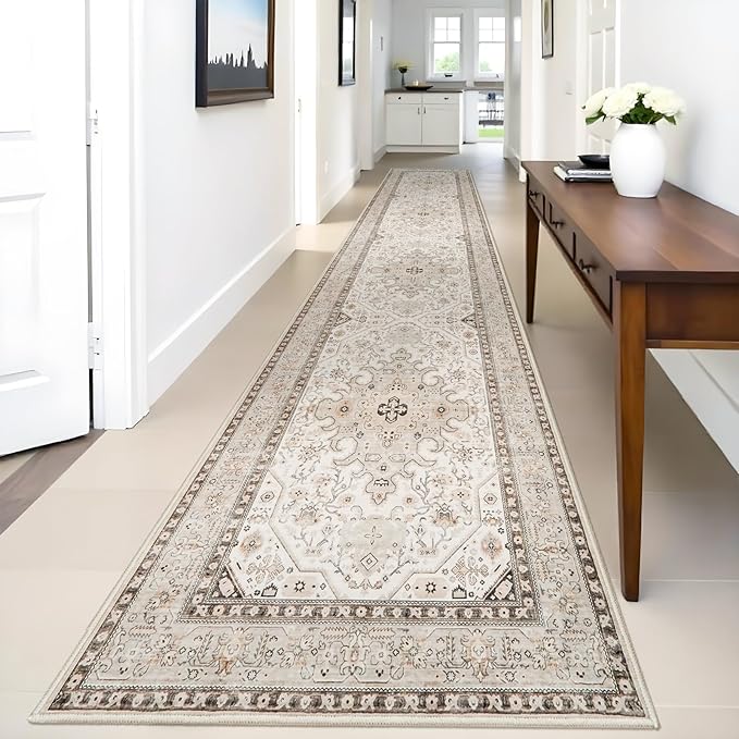 Runner Rug 3x14 - Non Slip Runners for Hallway Washable Oreiental Neutral Entryway Rugs with Rubber Backing Long Indoor Farmhouse Floor Mat Kitchen Soft Low Pile Stain Resitant Thin Carpet 3x14 Ivory
