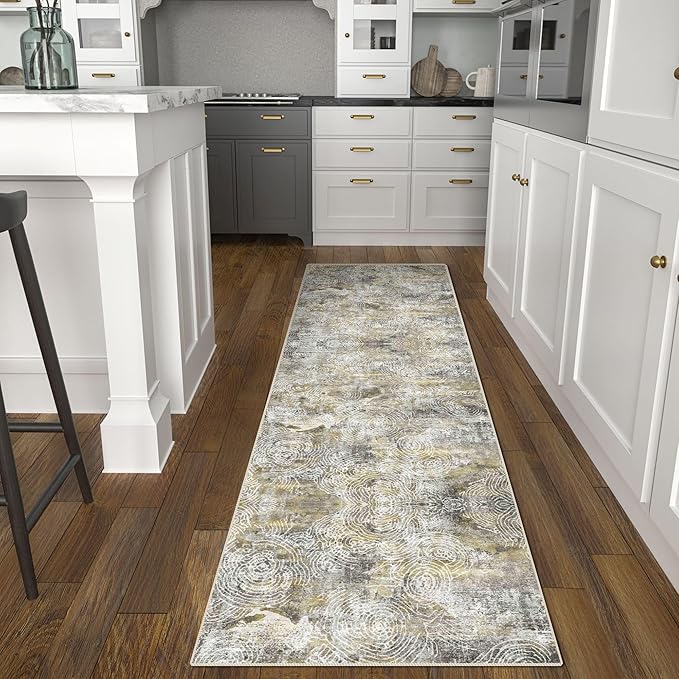 vivorug Washable Rug, Ultra Soft Runner Rug 2x10, Non Slip Abstract Rug, Runners for Hallway Living Room, Modern Fuzzy (Mustard, 2'x10')