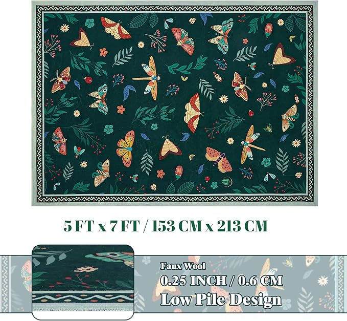 ASPMIZ Insect Area Rug 5X7, Dark Green Bedroom Rug Non Slip, Spring Summer Washable Rug Farmhouse Butterfly Living Room Rugs Low Pile, Soft Faux Wool Throw Carpet for Dining Room Office, Dark Green