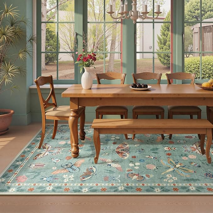 Beeiva Insect Print Rug 5x7, Washable Large Area Rugs for Living Room Non Slip, Boho Soft Low Pile Ultra Thin Soft Carpet for Office, Bedroom, Kids Room, Playroom - Light Green