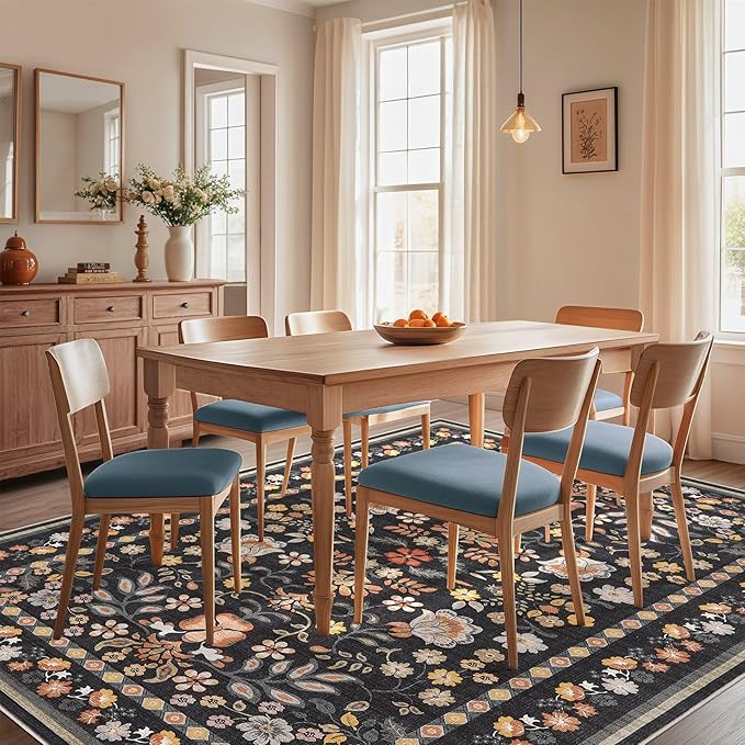 10x14 Area Rug Living Room Rugs - Washable Boho Vintage Floral Large Soft Non Slip Thin Rug Low Pile Carpet for Bedroom Dining Room Kids Playroom Office Decor Indoor- Black Grey
