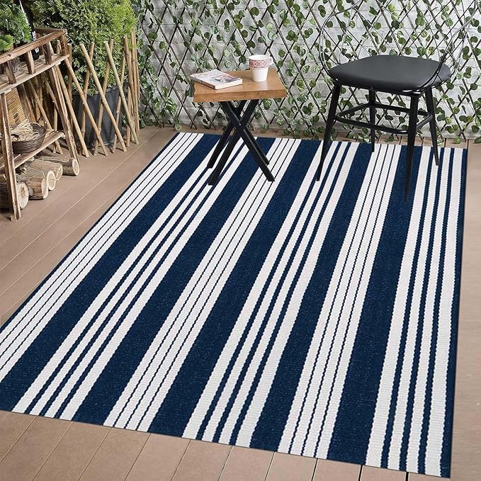 BUAGETUP Blue and White Striped Outdoor Patio Rug 4' x 6',Hand Woven Cotton Patio Rug Front Porch Rug Indoor Outdoor Area Rug for Bedroom/Living/Room/Patio
