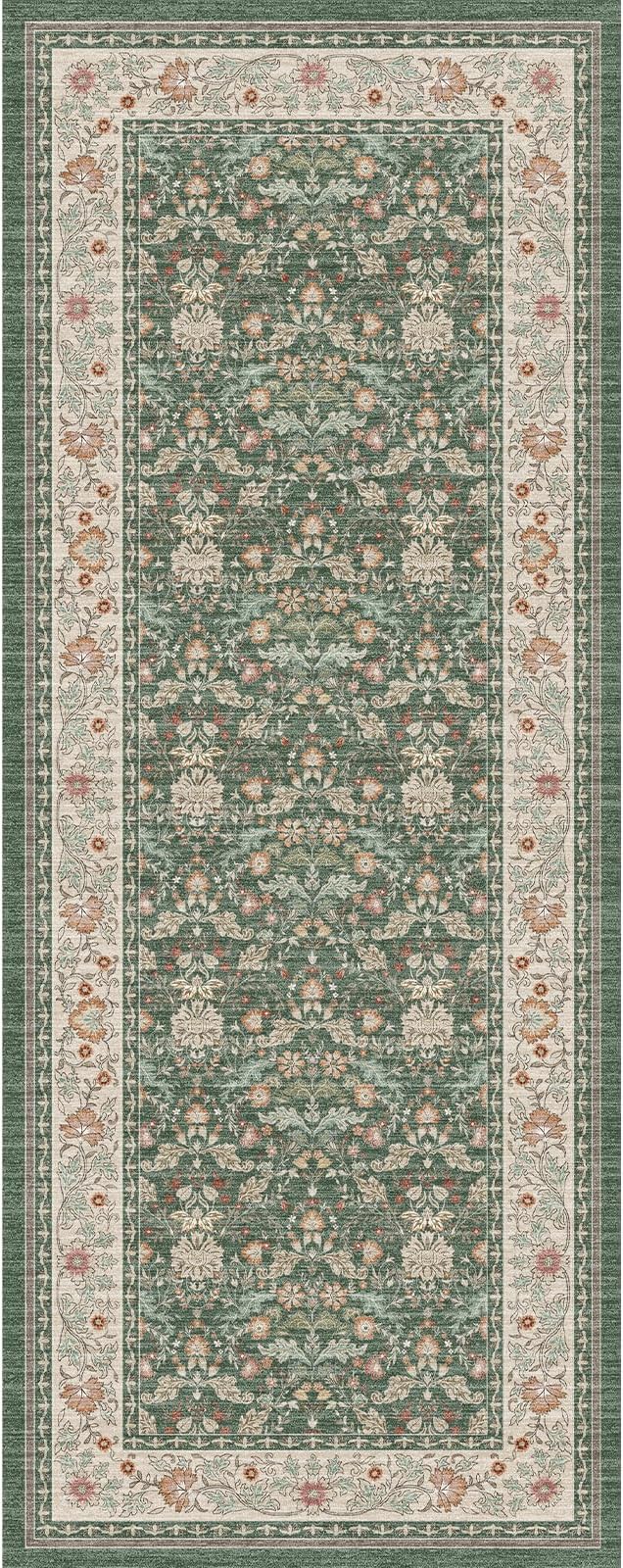 2x5 Rug Runner Washable: Non-Slip Oriental Floral Carpet for Bathroom Kitchen Hallway - Farmhouse Low Pile Stain Resistant Long Thin Front Door Mat 2x5 Green/Beige/Multi