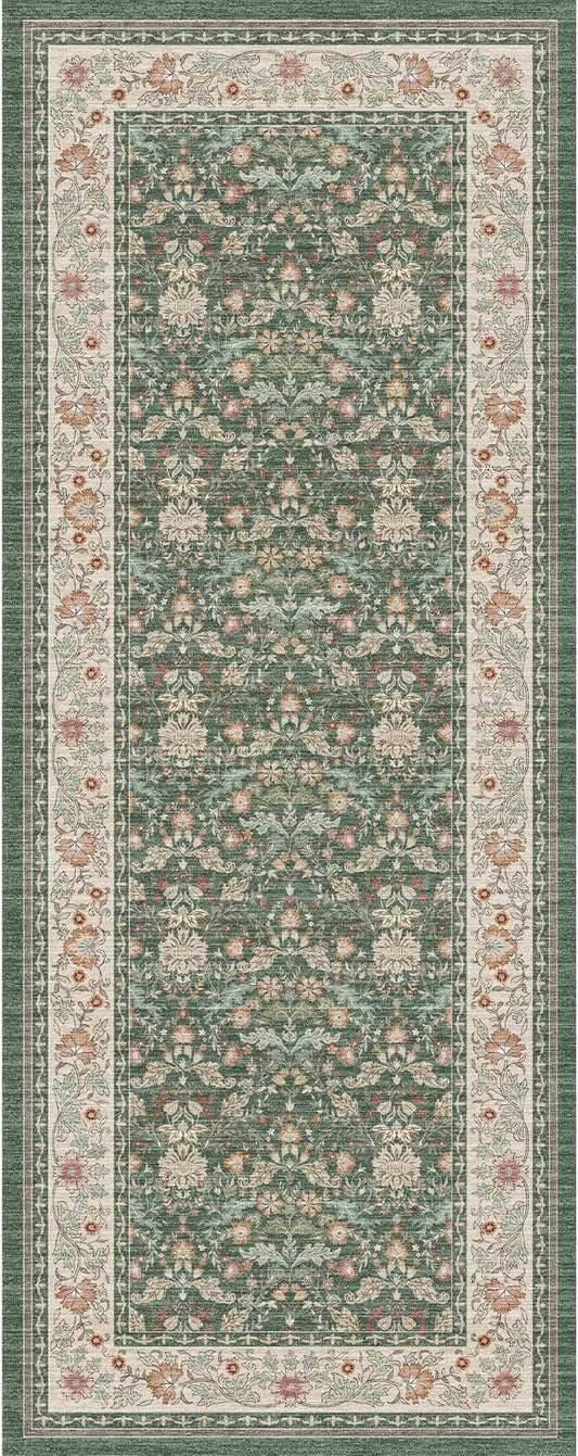 2x5 Rug Runner Washable: Non-Slip Oriental Floral Carpet for Bathroom Kitchen Hallway - Farmhouse Low Pile Stain Resistant Long Thin Front Door Mat 2x5 Green/Beige/Multi