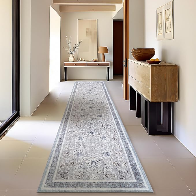 Phantoscope Hallway Runner Rug 2'x10' - Boho Washable Non-Slip Kitchen Rug Runner, Ultra-Thin Vintage Distressed Accent Throw Rug for Entryway Laundry Bathroom Bedroom, Light Grey/Neutral