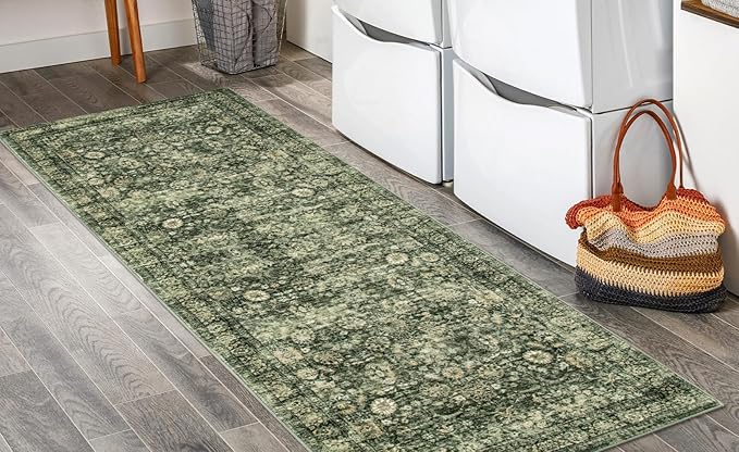 Morebes Vintage Washable Kitchen Rugs Non Slip,2x6 Runners for Hallways,Floral Boho Bathroom Runner Rug,Non Shedding Soft Throw Carpet for Laundry Floor Indoor, Grayish Green