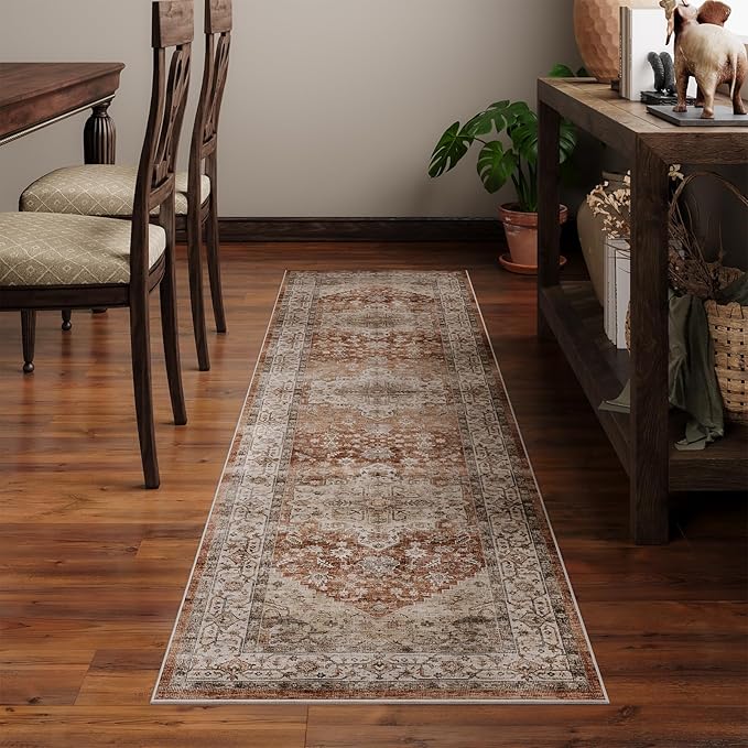 Dripex 2x8 Runner Rug, Machine Washable Non Slip Area Rug,Boho Kitchen Runner Rug, No Pile Lightweight Vintage Rug, Floor Carpet for Entryway, Hallway, Kitchen and Corridor,Rust Red and Multi