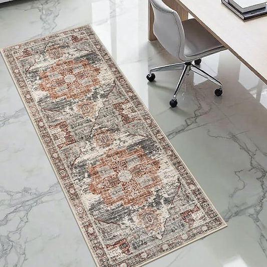 Washable Hallway Runner Rug 2x6 - Boho Rugs for Living Room Stain Resistant Carpet Vintage Tribal Rugs for Bedroom Kitchen Bathroom Non Slip Backing Home Decor Floor Decoration Mat 2x6 Brick
