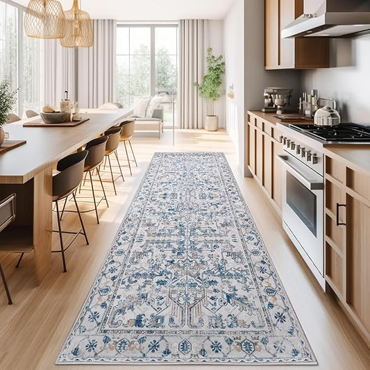 jinchan Hallway Runner Rug 3x10 Washable - Vintage Floral Non Slip Low-Pile Soft Ultra-Thin Faux Wool Kitchen Rug Distressed Carpet Runner for Farmhouse Bedroom Laundry (3x10ft,Blue)