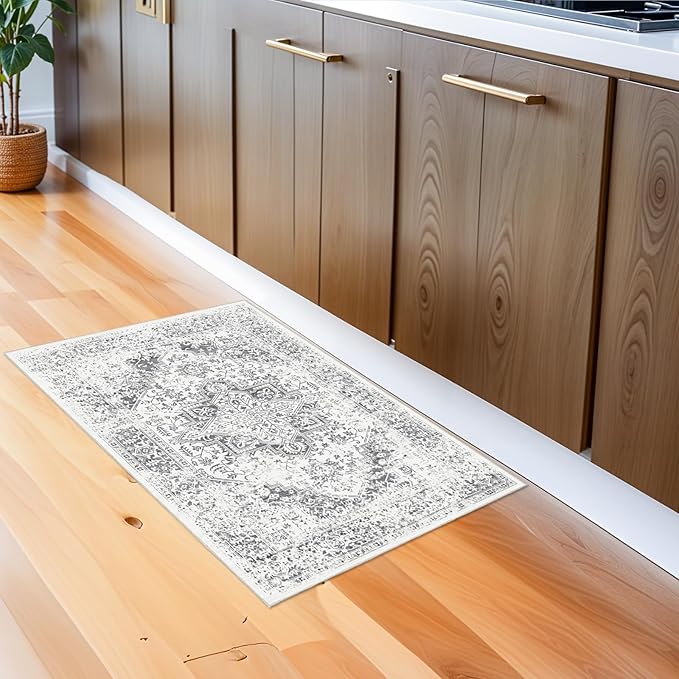 Washable 2x3 Entryway mat - Small Indoor Area Rug for Entrance with Vintage Non-Slip Low-Pile Traditional Medallion Indoor Rug with Stain Resistant Accent Distressed Carpet Thin Rug (Grey)