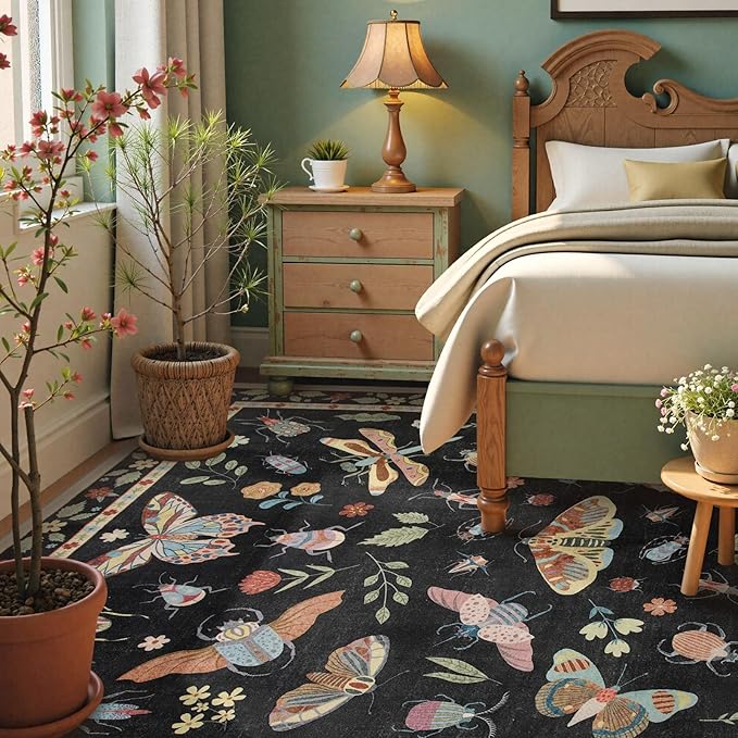 Beeiva Insect Print Rug 8x10, Washable Throw Rugs for Bedroom Under Bed, Boho Non Slip Low Pile Ultra Thin Foldable Large Carpet for Office, Kids Room, Playroom, Living Room - Black