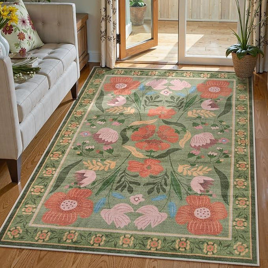 Beeiva Floral 5x7 Green Area Rugs, Machine Washable Living Room Area Rugs Non Slip Non-Shedding, Ultra Thin Carpet for Living Room Dorm Playroom (Green,5'x7')