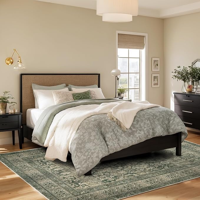 Vintage Washable Area Rug for Living Room,Low Pile 8x10 Non Slip Carpet Non-Shedding Area Rug Soft Indoor Stain Resistant Rug Floral Print Mat for Bedroom Dining Room Green