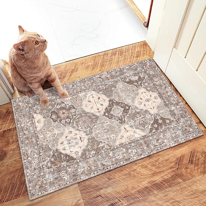 Washable Boho Vintage Area Rugs 2×3 Non-Slip Traditional Brown Area Rug Doormat for Bathroom Kitchen Entryway
