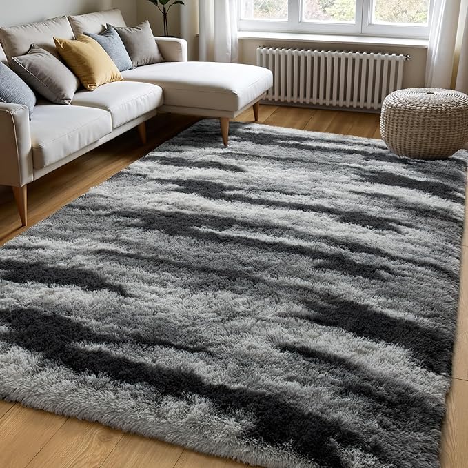 Zentavio Area Rugs for Living Room Large Rugs for Bedroom 5x8 Carpet Fluffy Fuzzy Soft Shag Aesthetic Plush High Pile Gray Throw Rug for Nursery Kids Room Dorm Waved Grey