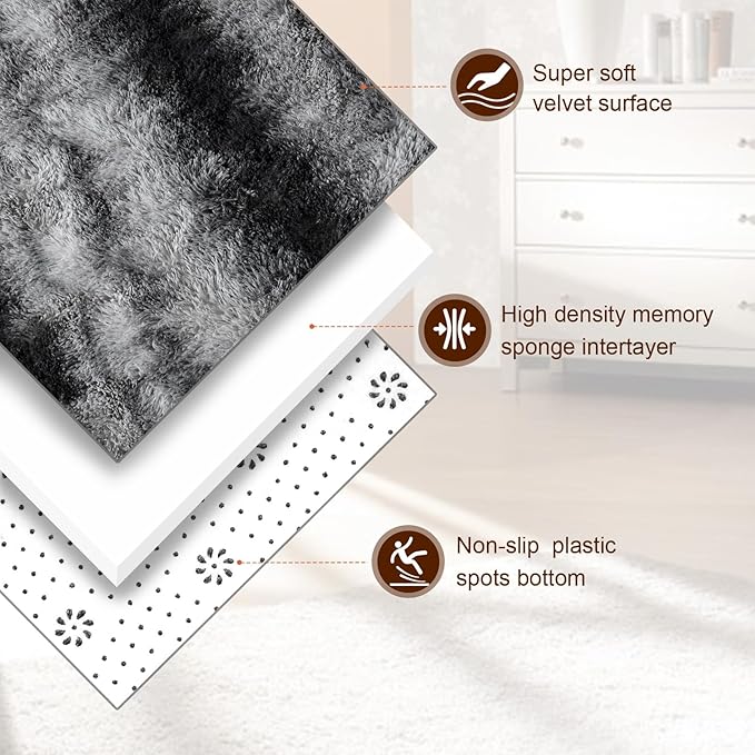TWINNIS Super Soft Shaggy Rugs Fluffy Carpets, 6x9 Feet, Indoor Modern Plush Area Rugs for Living Room Bedroom Kids Room Nursery Home Decor, Upgrade Anti-Skid Rectangular Fuzzy Rug, Gray Black