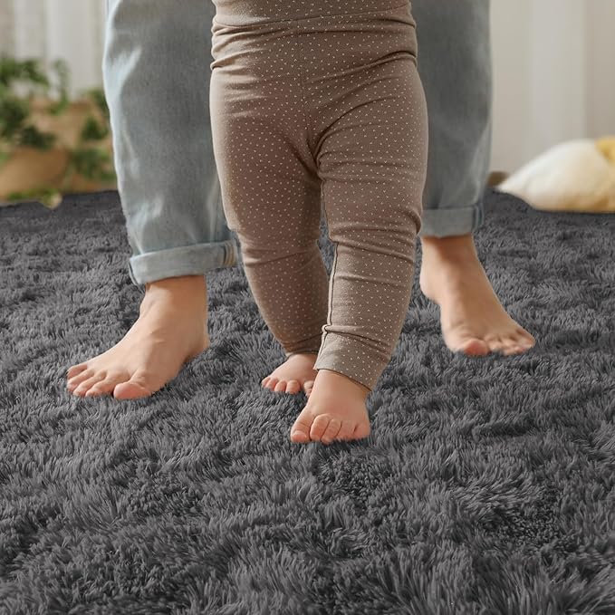 YJ.GWL Fluffy Runner Rugs for Bedroom Living Room Soft Shag Rug 2x6 Feet, Dark Grey Plush Carpet Non Slip for Nursery Dorm, Fuzzy Bedside Rug for Kids Boys Girls Room Home Decor
