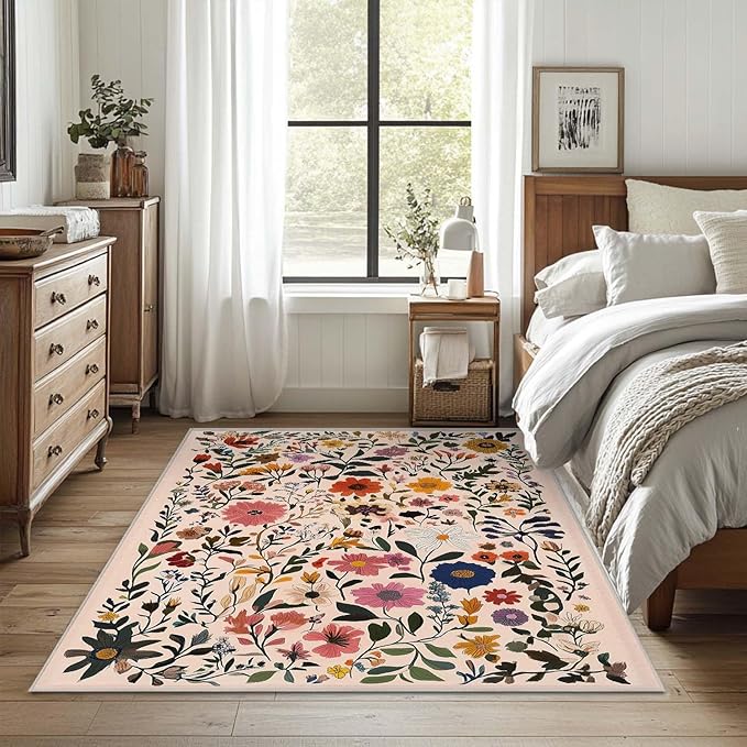 4x6 Rug Boho Floral Area Rug Bedroom Ultra-Thin Soft Low Pile Large Carpet Living Room Non Slip Dining Room Office Stain Resistant Washable Machine
