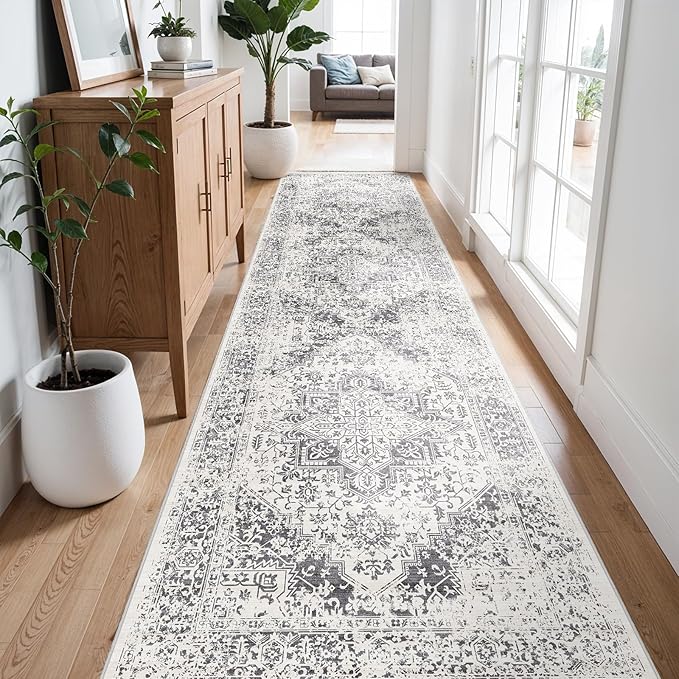 Washable Hallway Runner Rug 3x14: Soft Vintage Kitchen Laundry Runner Non Slip Low-Pile Entryway Living Room Stain Resistance Indoor Floor Long Carpet for Bedroom Bathroom, Grey