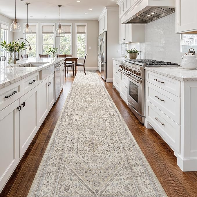 3x20 Runner Rug for Hallway Washable: Non Slip Kitchen Rugs with Rubber Backing Soft Waterproof Mats Stain Resistant Indoor Vintage Carpet Runner for Bedroom Bathroom Laundry Entryway Beige/Gray