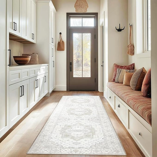Washable 2x8 Area Rugs, Rugs for Living Room, Low-Pile Water&Stain Resistant Carpet Vintage Distressed Printed Non-Slip Carpet for Bedroom Bathroom Kitchen-Ivory