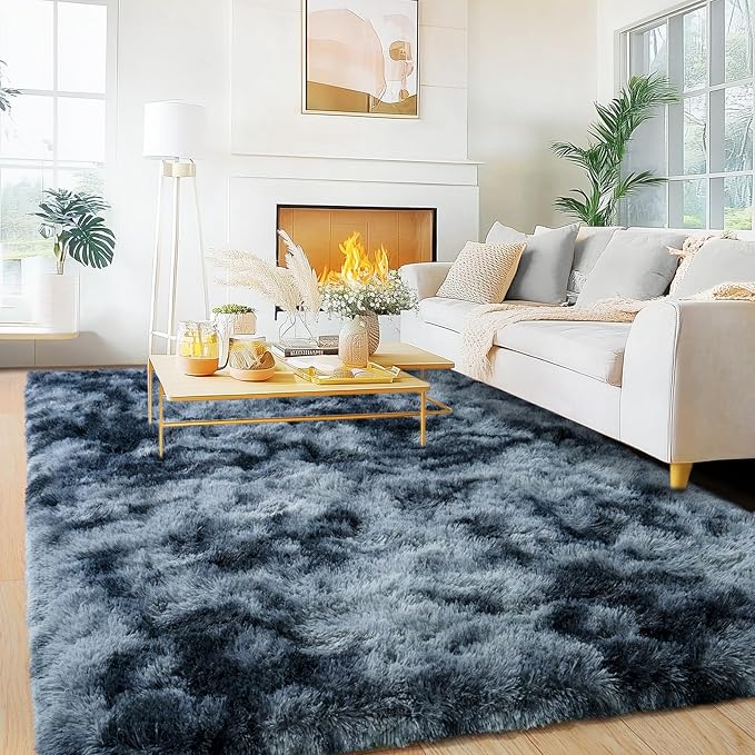 Rugs for Living Room Bedroom, Soft Plush Shaggy 8x10 Area Rugs Fluffy Modern Non-Slip Floor Carpet for Kids Girls Room Dorm Nursery Home Decor Aesthetic, Tie-Dye Blue Grey