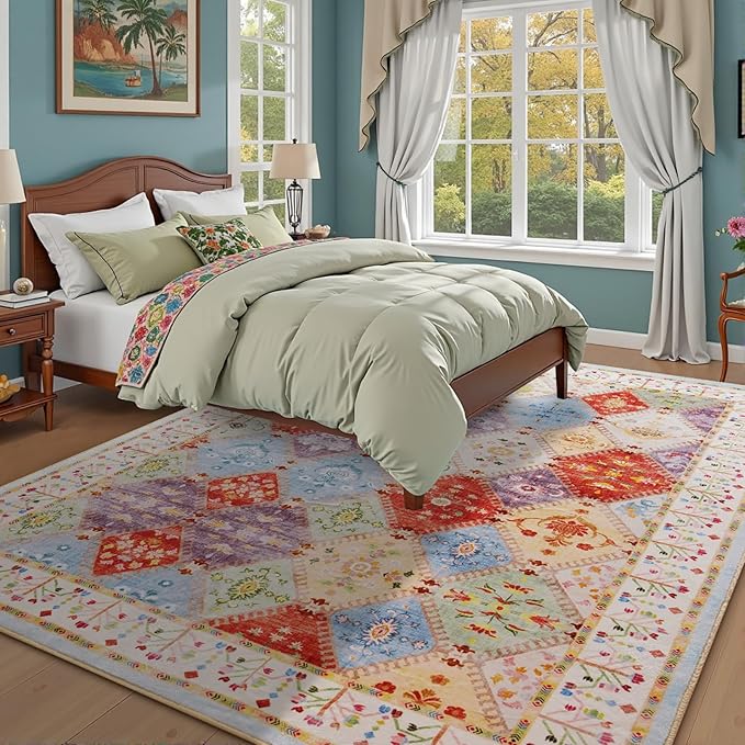 5x7 Washable Area Rug for Living Room, Boho Non-Slip Bedroom Rugs, Moroccan Floral Trellis Carpet Soft Low Pile Accent Indoor Mat for Kitchen Laundry Room Nursery, Cream