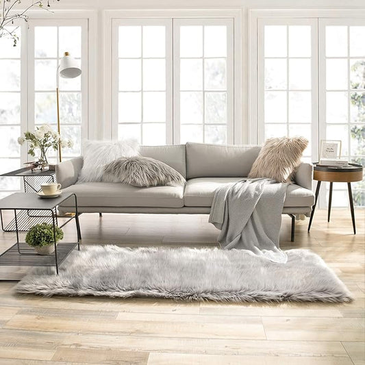 Ashler Faux Fur Rug, Fluffy Shaggy Area Rug, Ultra Soft 2.2 x 6 Feet Rectangle, Grey Fuzzy Machine Washable Shag, Nursery Decor Throw for Bedroom, Kids Room, Living Room