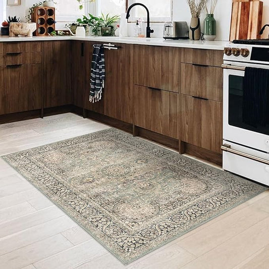 2x3 Washable Area Rug Indoor Entryway Vintage Rug Print Rug Low-Pile Floor Carpet for Indoor Front Entrance Kitchen Bathroom, Olive Charcoal