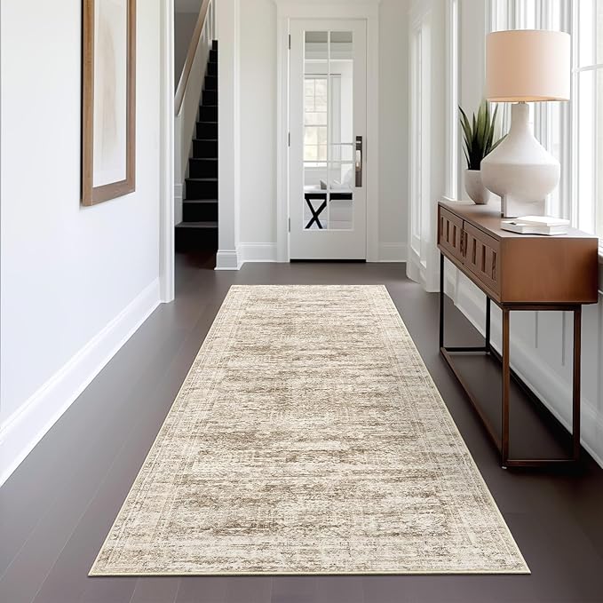 Washable Runner Rug, 2'6" x 8' Non-Slip Kitchen Vintage Foldable Hallway Runners for Entryway, Laundry, Bedroom, Brown