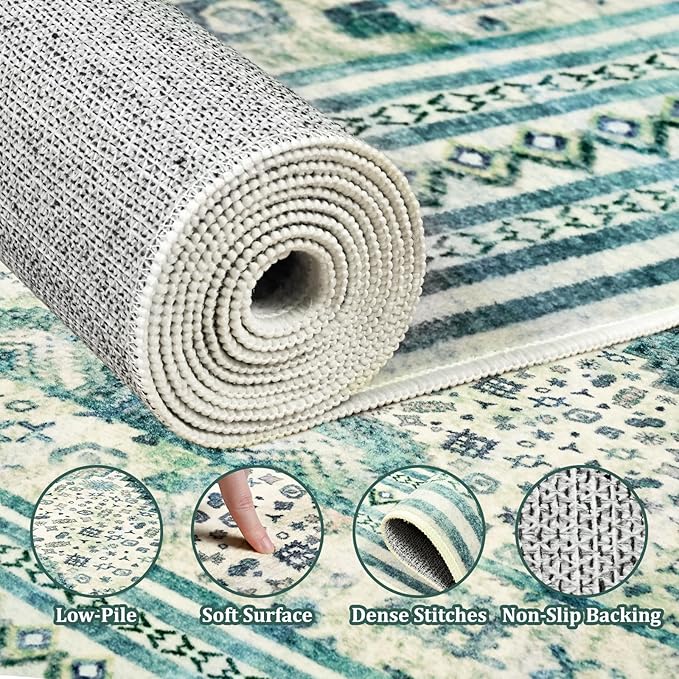 Maxsoft 6x9 Area Rug,Vintage Machine Washable Rugs for Living Room, Soft Non-Slip Low Pile Rug, Stain Resistant Rugs for Kitchen, Bedroom, Dining Room,Laundry Room,Nursery (Light Green)