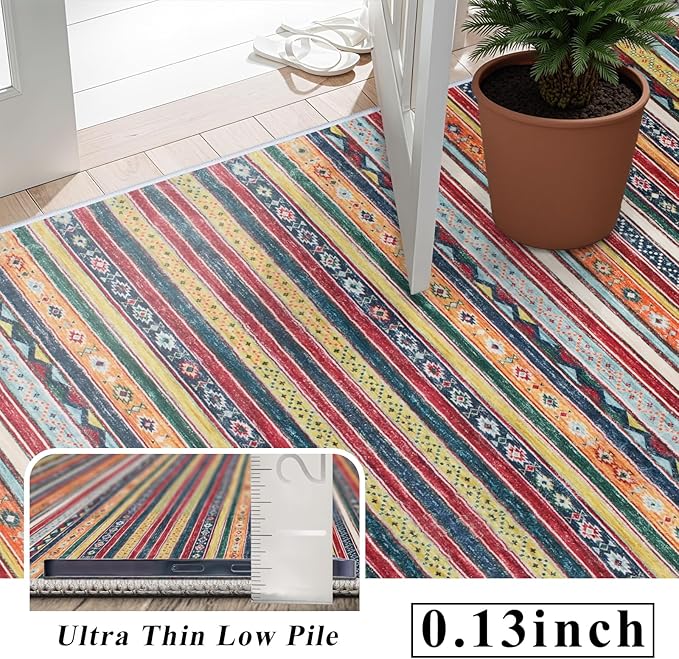 2x6 Runner Rug Washable: Non-Slip Southwestern Striped Carpet for Hallway Kitchen Entry - Farmhouse Low Pile Stain Resistant Long Thin Front Door Mat 2x6 Red/Blue/Multi