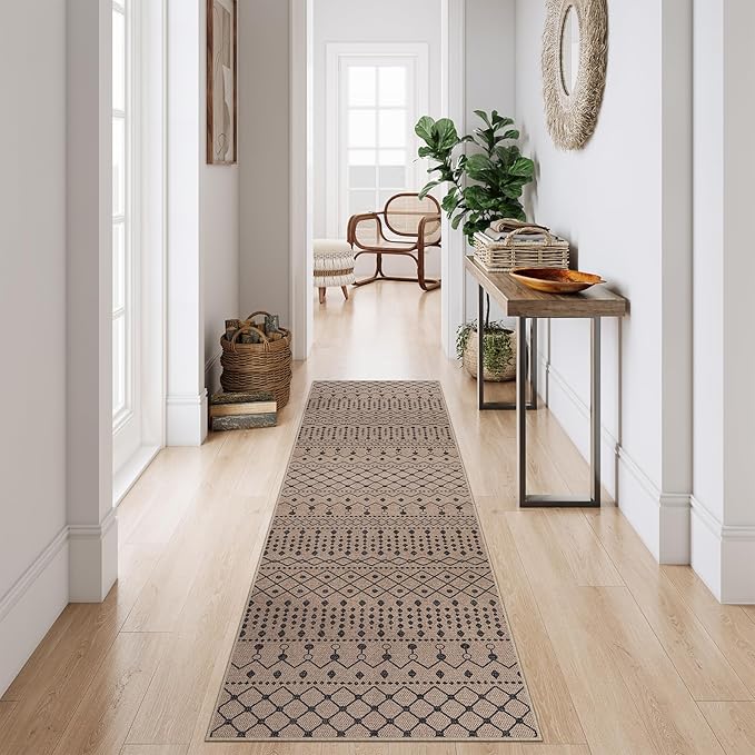 Lahome Washable Easy Jute Rug Runners for Hallways Non Slip, 2'6x8 Neutral Rugs for Kitchen Floor, Farmhouse Tribal Low Pile Indoor Outdoor Throw Carpet Runner for Entryway Stairway Porch Bathroom