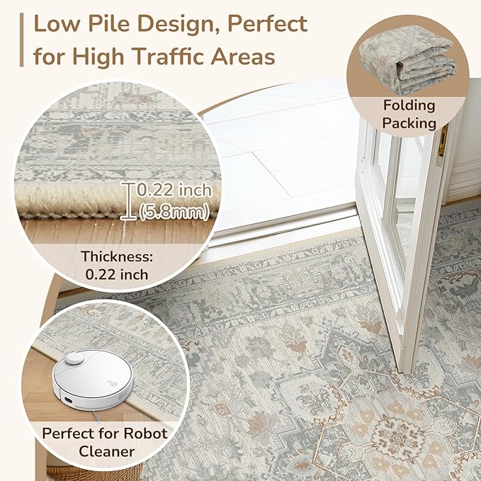 BESTSWEETIE 8x10 Area Rugs for Living Room Washable Non Slip Carpet Low Pile Soft Vintage Print Pattern Rug for Bedroom Dining Room Kitchen Entryway Indoor-Light Taupe/Brown