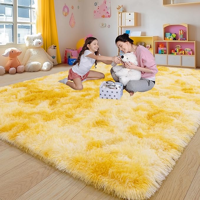 6x9 Fluffy Fuzzy Area Rug for Living Room Bedroom, Ultra Soft Large Living Room Rugs, Non Slip Thick Shag Rug for Dorm, Kids Girls Boys Rug for Home Decor Aesthetic, Tie-Dyed Yellow