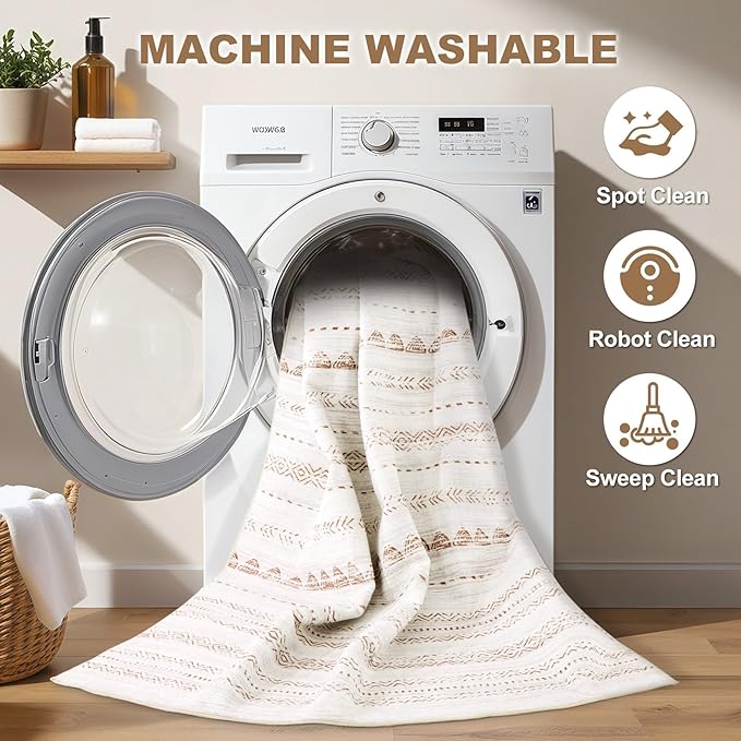 Runner Rug Kitchen Washable Rugs: 2x6 Non-Slip Boho Soft Modern Stain Resistant Indoor Floor Neutral Farmhouse Throw Carpet for Hallway Bathroom Laundry Room Entryway Bedroom- Beige