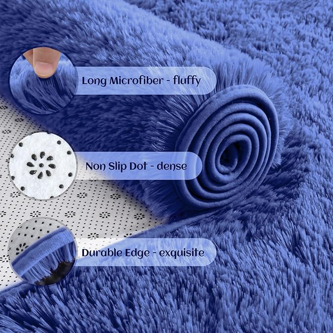 YJ.GWL Fluffy Runner Rugs for Bedroom Living Room Soft Shag Rug 2x6 Feet, Light Navy Plush Carpet Non Slip for Nursery Dorm, Fuzzy Bedside Rug for Kids Boys Room Home Decor
