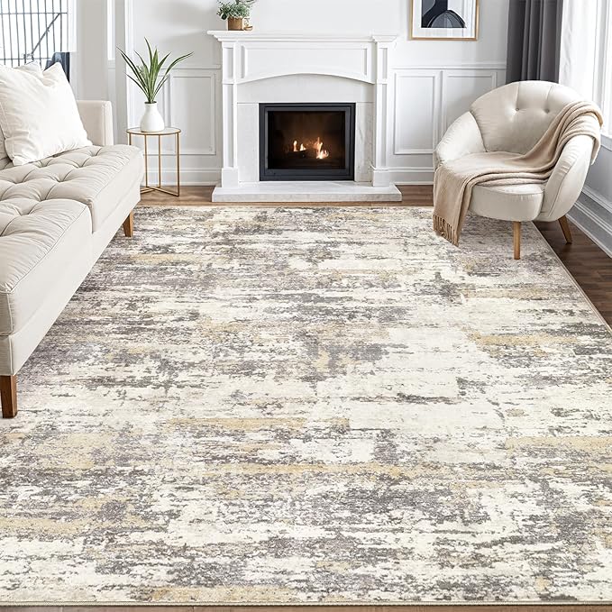 Area Rugs for Living Room: 10x12 Abstract Washable Rug Modern Neutral Large Soft Stain Resistant Non-Slip Backing Machine Table for Bedroom Dining Room Indoor Home Office Carpet - Gold Brown