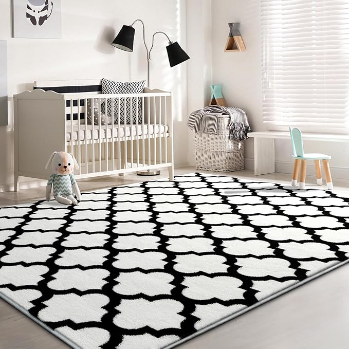 3x5 White and Black Area Rug for Bedroom, Shag Geometric Modern Throw Rugs Living Room Low Pile, Small Memory Foam Soft Carpet for Kids Bedside Dorm Indoor