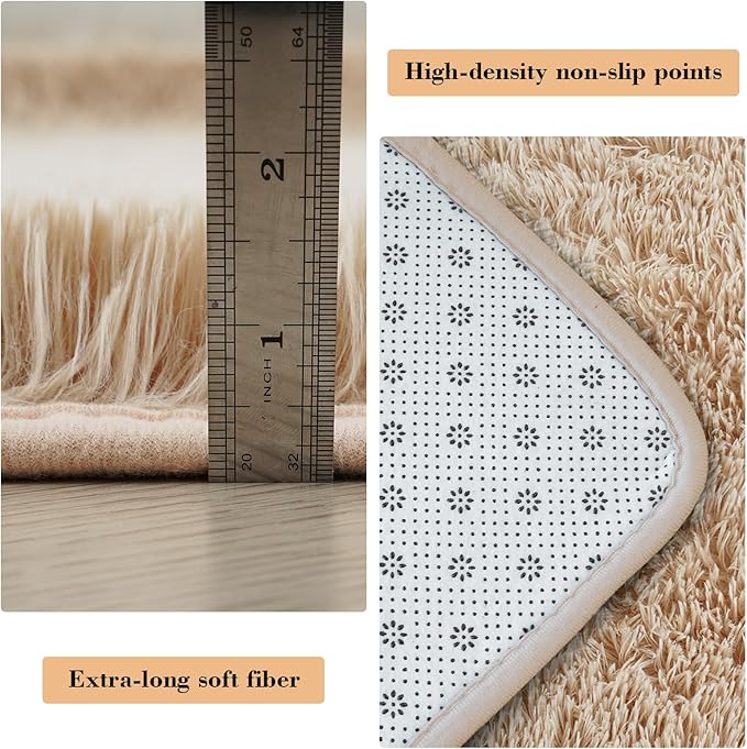 Fluffy Rug Shaggy Area Rug, Beige 3x5 Area Rugs for Bedroom, Small Bedside Rug, Soft Fluffy Shaggy Entryway Throw Rugs for Living Room Bedroom Kids Room Home Decor