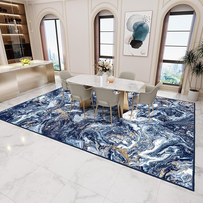 Washable Area Rug 9x12 - Artistic Style Modern Rug for Living Room Bedroom Dining Room, Soft Low Pile Machine Washable Carpet, Non Slip Non Shedding Area Rug - Dark Blue/Gold, 9'x12'